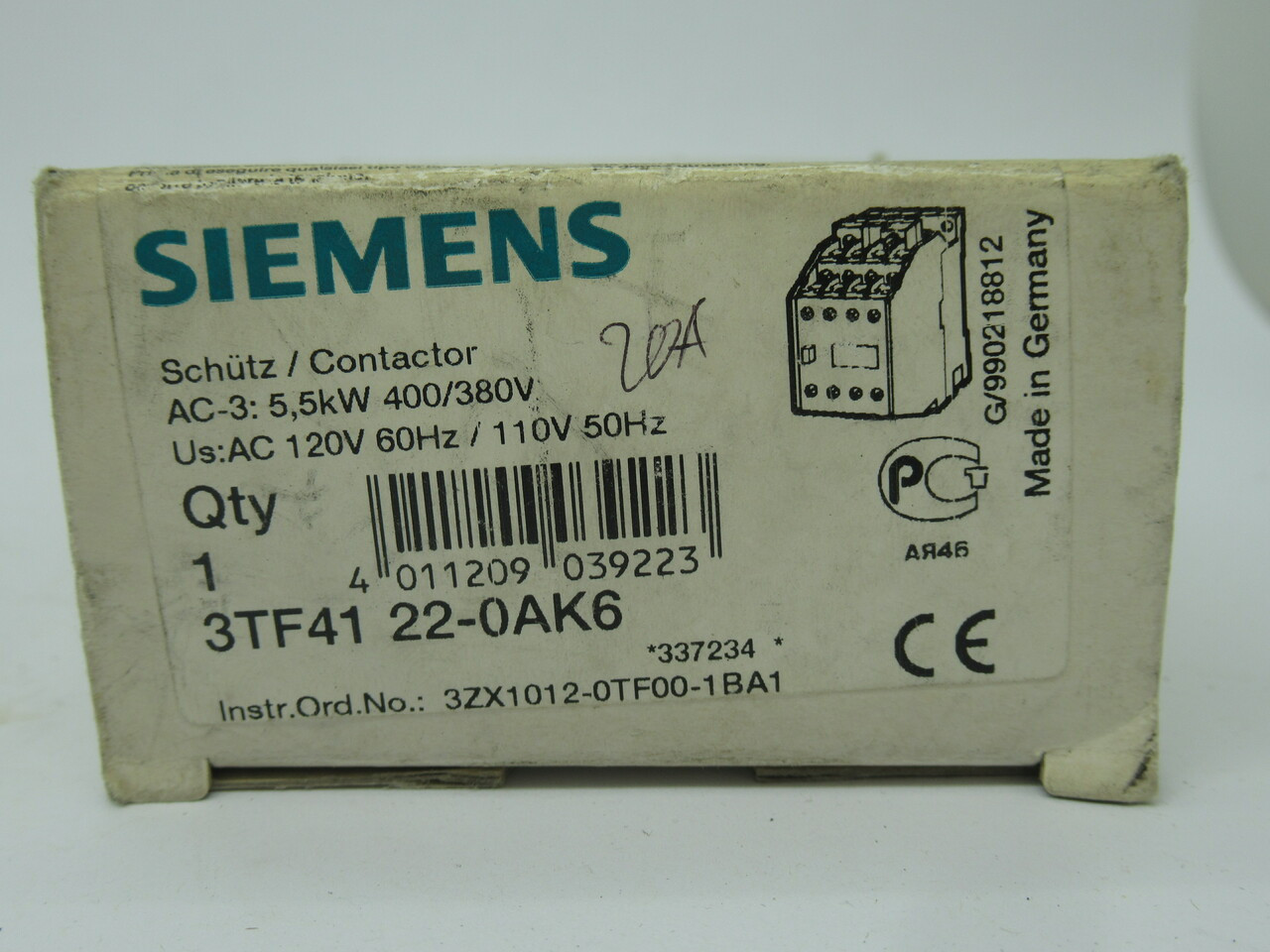 Siemens 3TF4122-0AK6 Contactor 12 Amp 3 Pole 120VAC 50/60HZ NEW