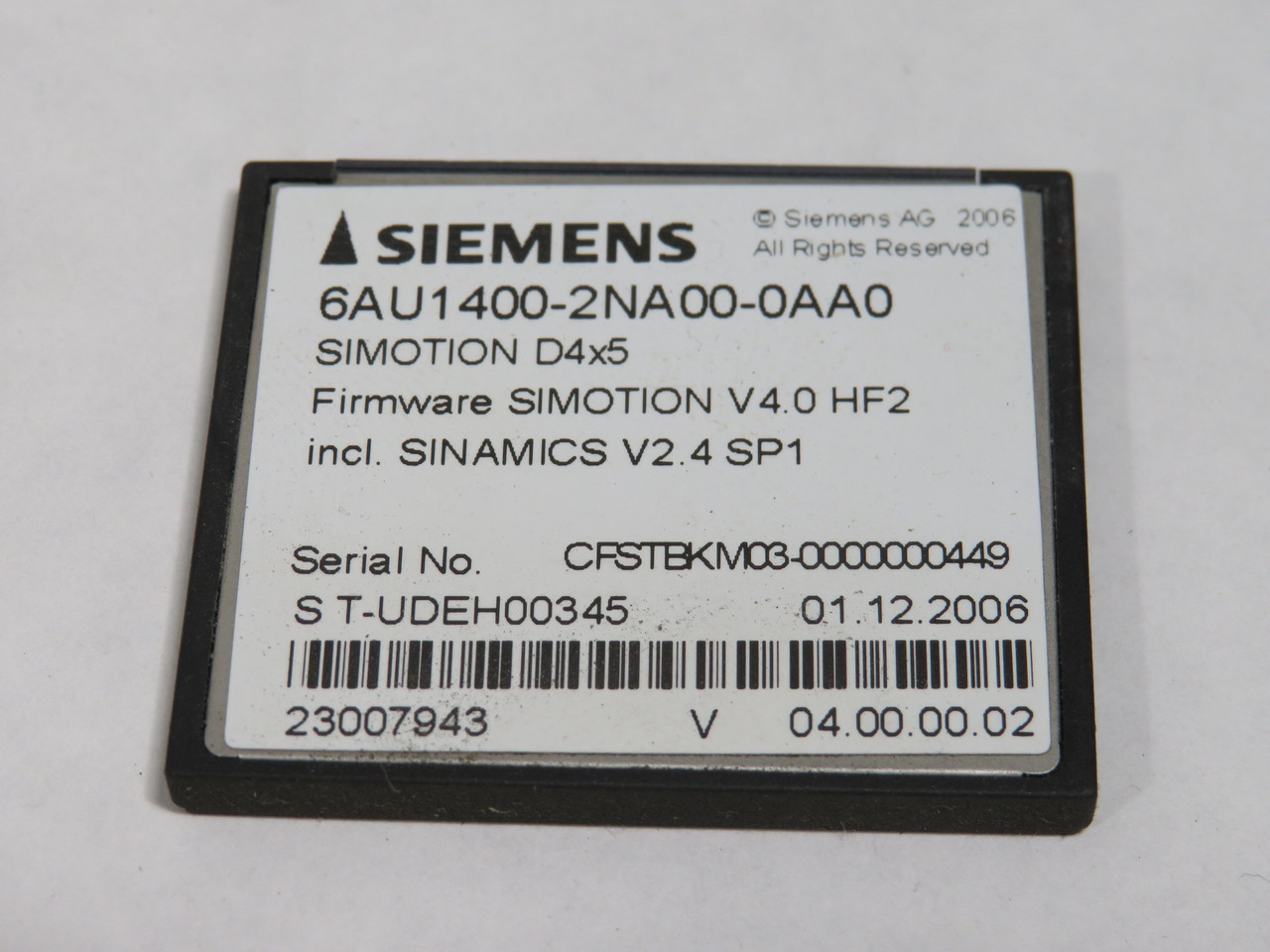 Siemens 6AU1400-2NA00-0AA0 Simotion D4x5 CompactFlash Card F/W V4.0 HF2 USED