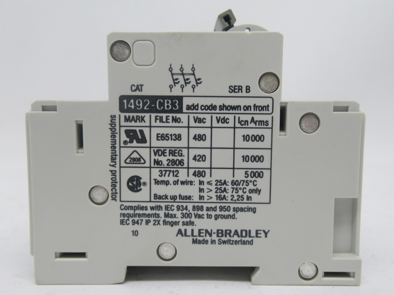 Allen-Bradley 1492-CB3-G100 Circuit Breaker Series B 10A 3-Pole NEW