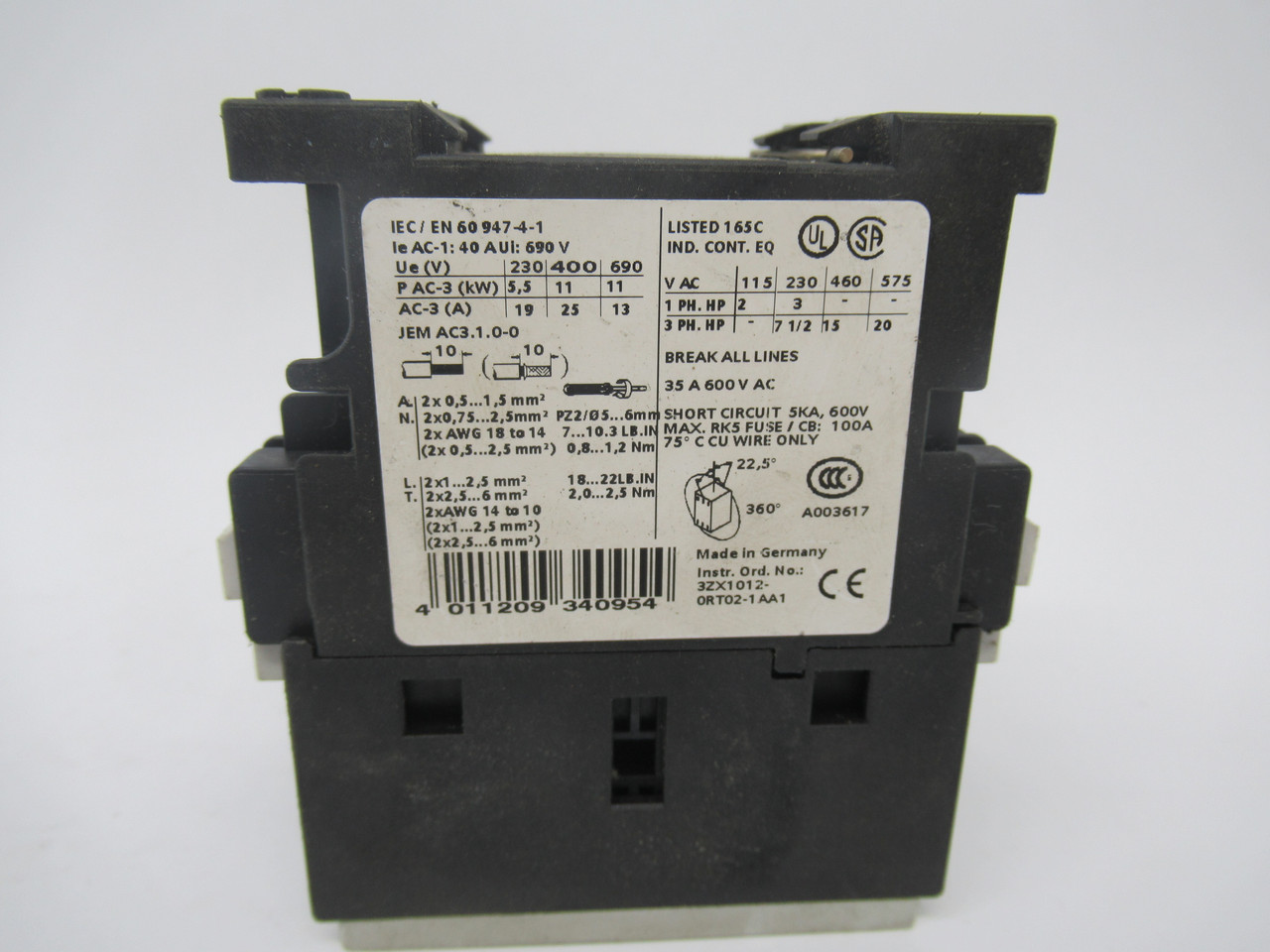 Siemens 3RT1026-1AP60 Contactor 220/240V 50/60HZ 25 Amp 3 Pole USED