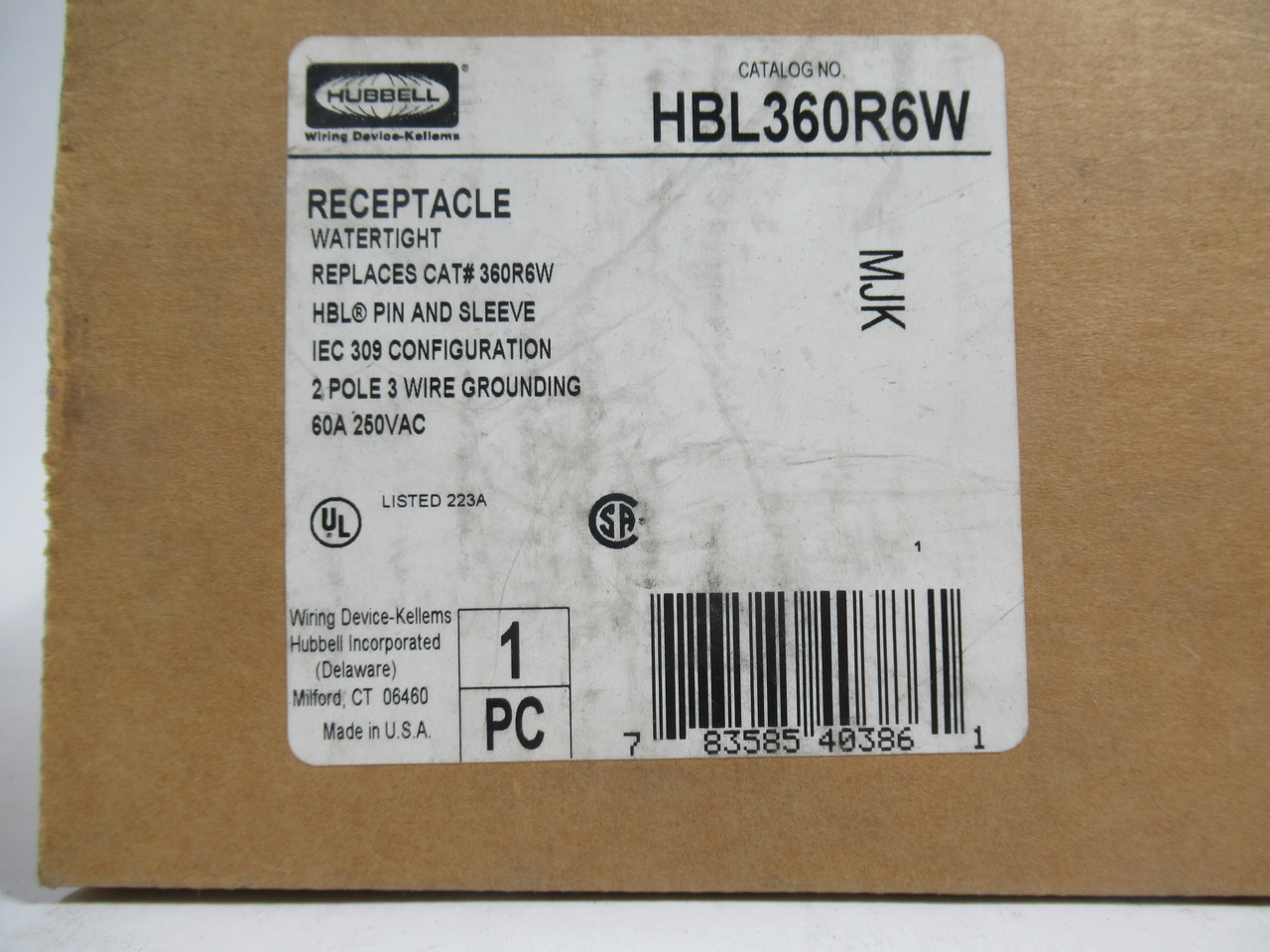 Hubbell HBL360R6W Watertight Receptacle 60A 250VAC 3-Wire 2-Pole NEW