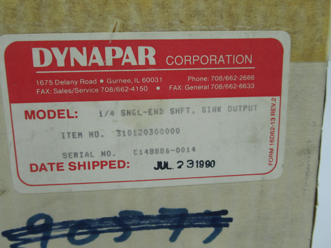 Dynapar 310120300000 Incremental Shaft Encoder 1/4" Single End Shaft USED