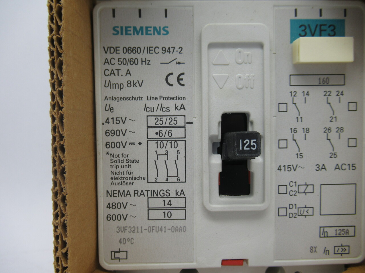 Siemens 3VF3211-0FU41-0AA0 Molded Case Circuit Breaker 125A 415V 50/60Hz NEW