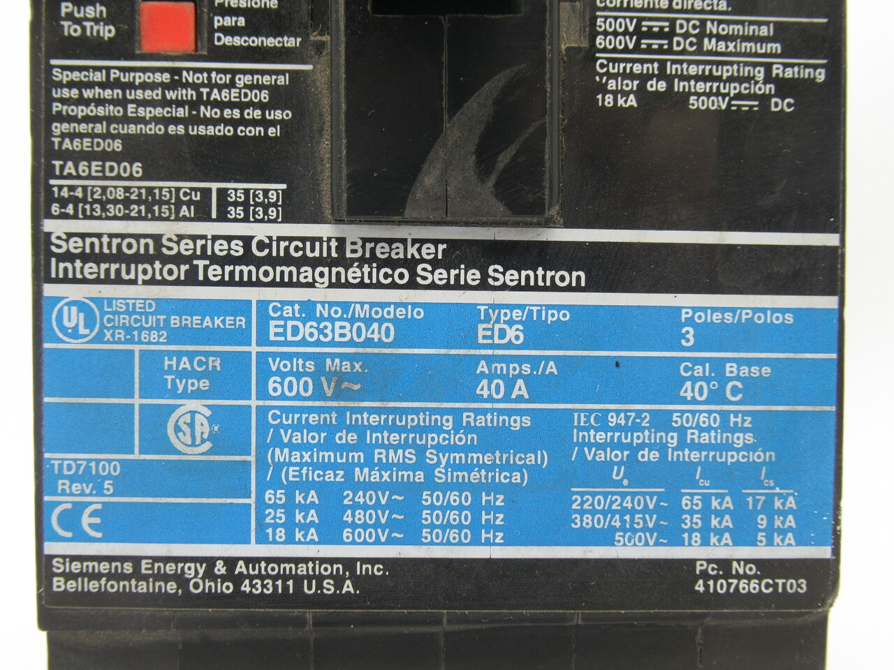 Siemens ED63B040 Circuit Breaker 40A 600V 3-Pole MISSING LUGS USED