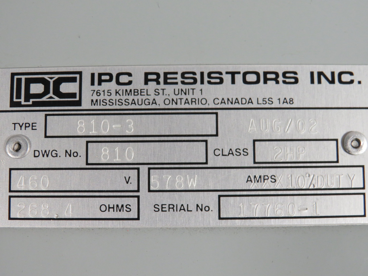 IPC Resistors 810-3 Braking Resistor 2HP 460V 578W 268.4 Ohms *Scratch* NEW