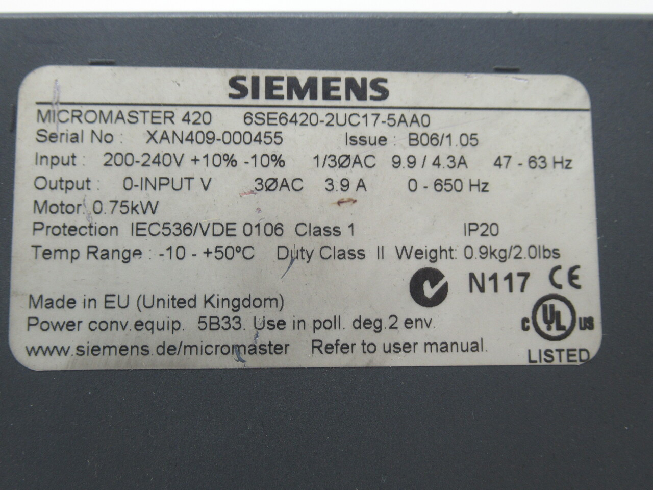 Siemens 6SE6420-2UC17-5AA0 Micromaster 420 AC Drive 0.75kW 200-240V USED