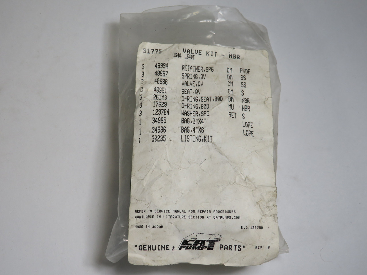 CAT Pumps 31775 Valve Kit for 1540, 1540E Pumps OPEN BAG ! NWB !