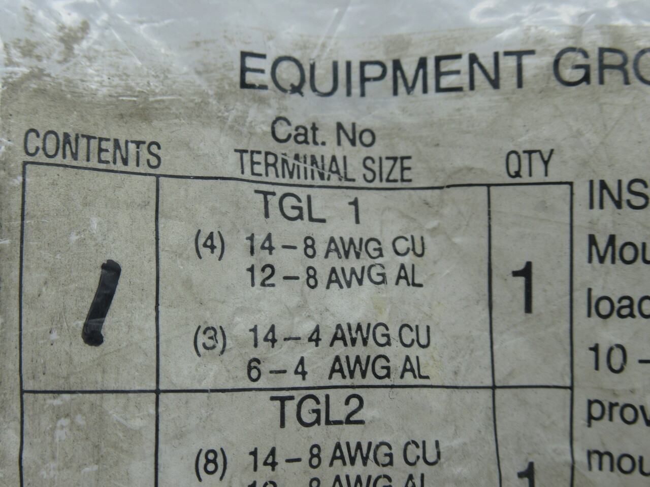 General Electric TGL1 Equipment Ground Kit NWB