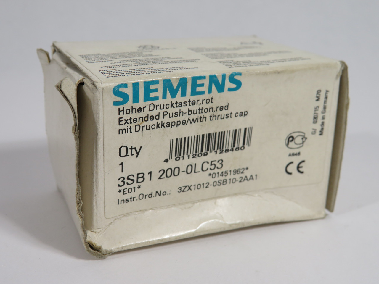 Siemens 3SB1200-0LC53 Extended Push Button Red Cap *Damaged Box* NEW