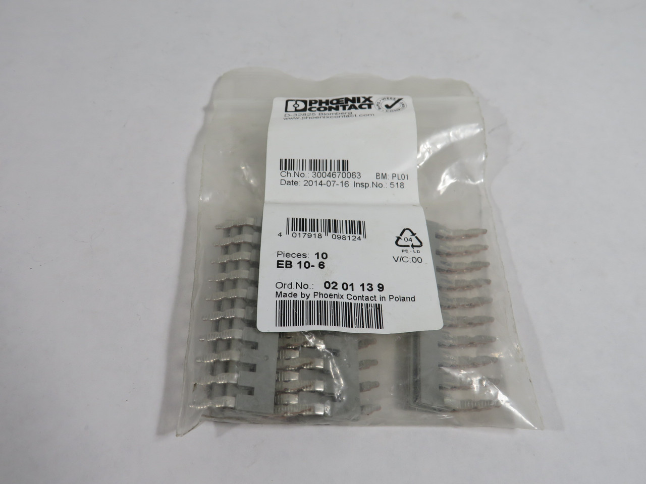 Phoenix Contact EB10-6 Insertion Bridge 10-Position 6.2mm 0201139 10-Pack NWB