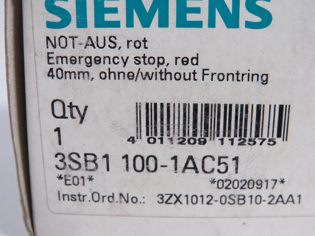 Siemens 3SB1100-1AC51 E-Stop Push Button Red Mushroom Head *Missing H/W* NEW