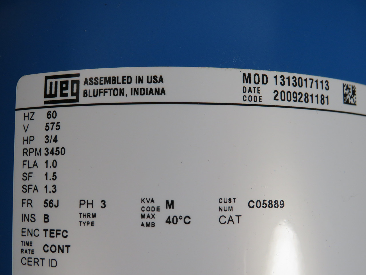 Weg 0.75HP 3450RPM 575V 56J TEFC 3Ph 1.0FLA 1.5SF 1.3SFA 60Hz SHELF WEAR NOP