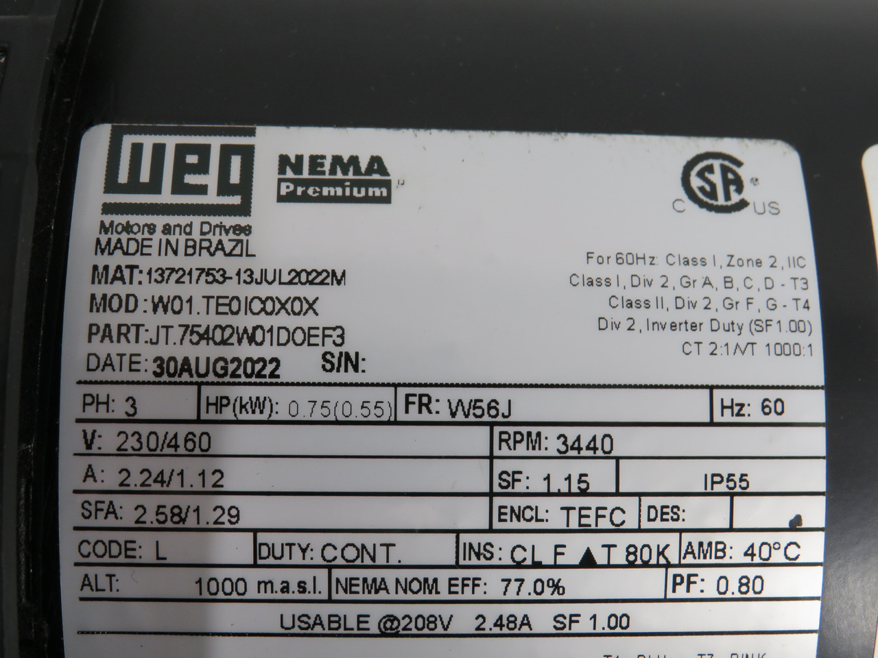Weg 0.75HP 3440RPM 230/460V W56J TEFC 3Ph 2.24/1.12A 60Hz SHELF WEAR NOP
