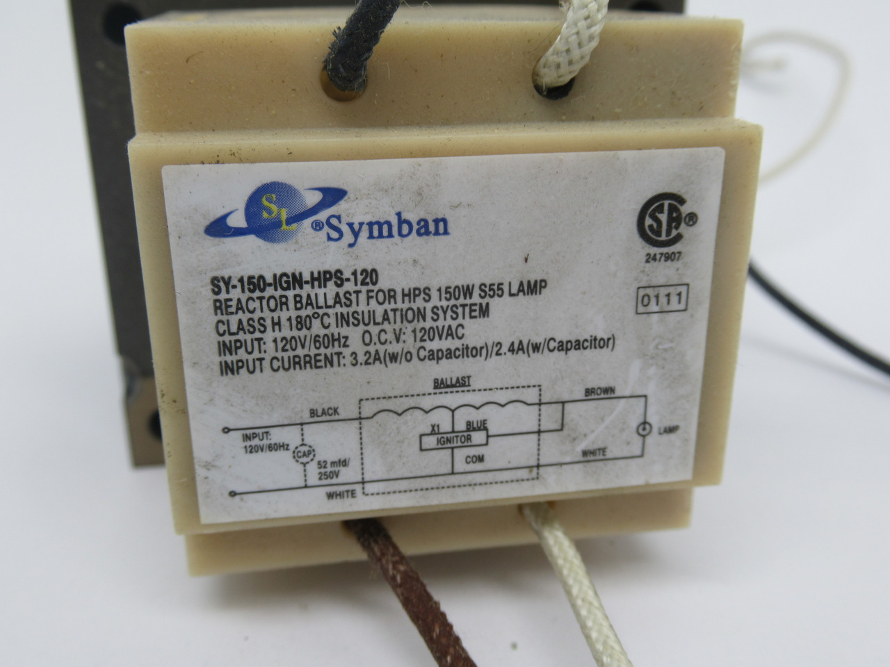 Symban SY-150-IGN-HPS-120 Reactor Ballast For HPS 150W Class H 120VAC 60HZ NOP