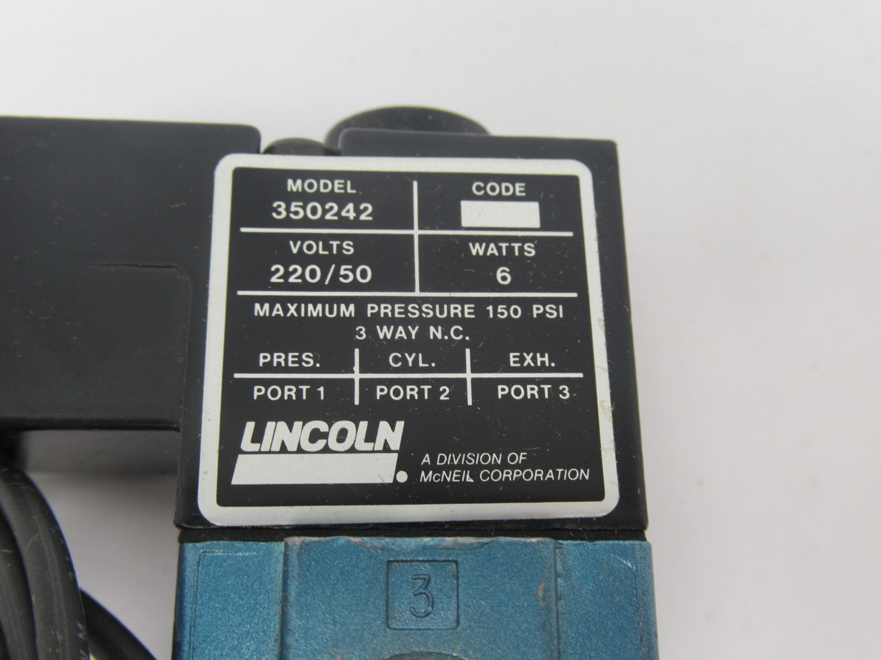 Lincoln 350242 Solenoid Valve 6 Watts 220V 150Psi 50HZ SHELF WEAR NOP
