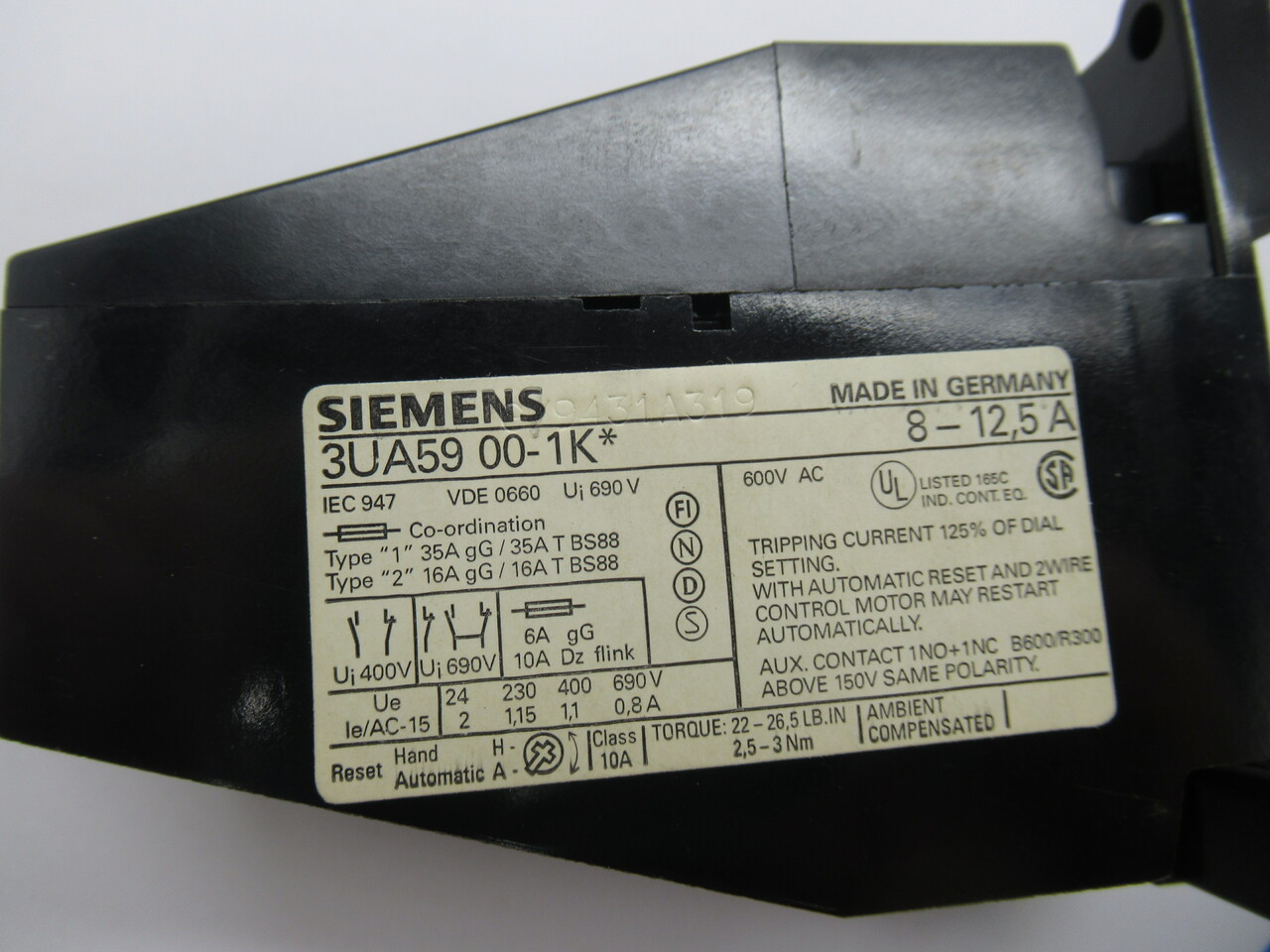 Siemens 3UA5900-1K Overload Relay 8-12.5Amp 1NO/1NC On/Off Indicator NEW