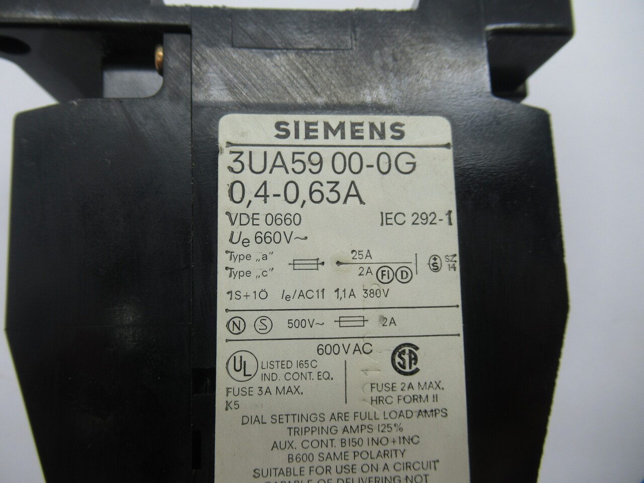 Siemens 3UA5900-0G Thermal Overload Relay 0.4-0.63Amp Setting Range USED