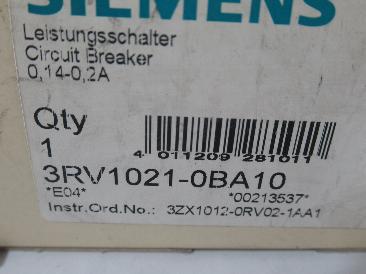 Siemens 3RV1021-0BA10 Circuit Breaker 0.14-0.2A NEW