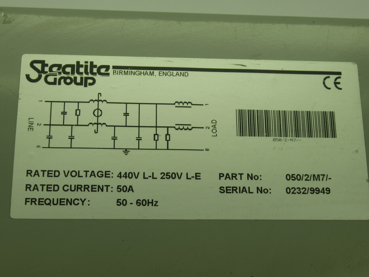 Steatite Group 050/2/M7/- Transformer 440V L-L 250V L-E 50A 50/60Hz USED