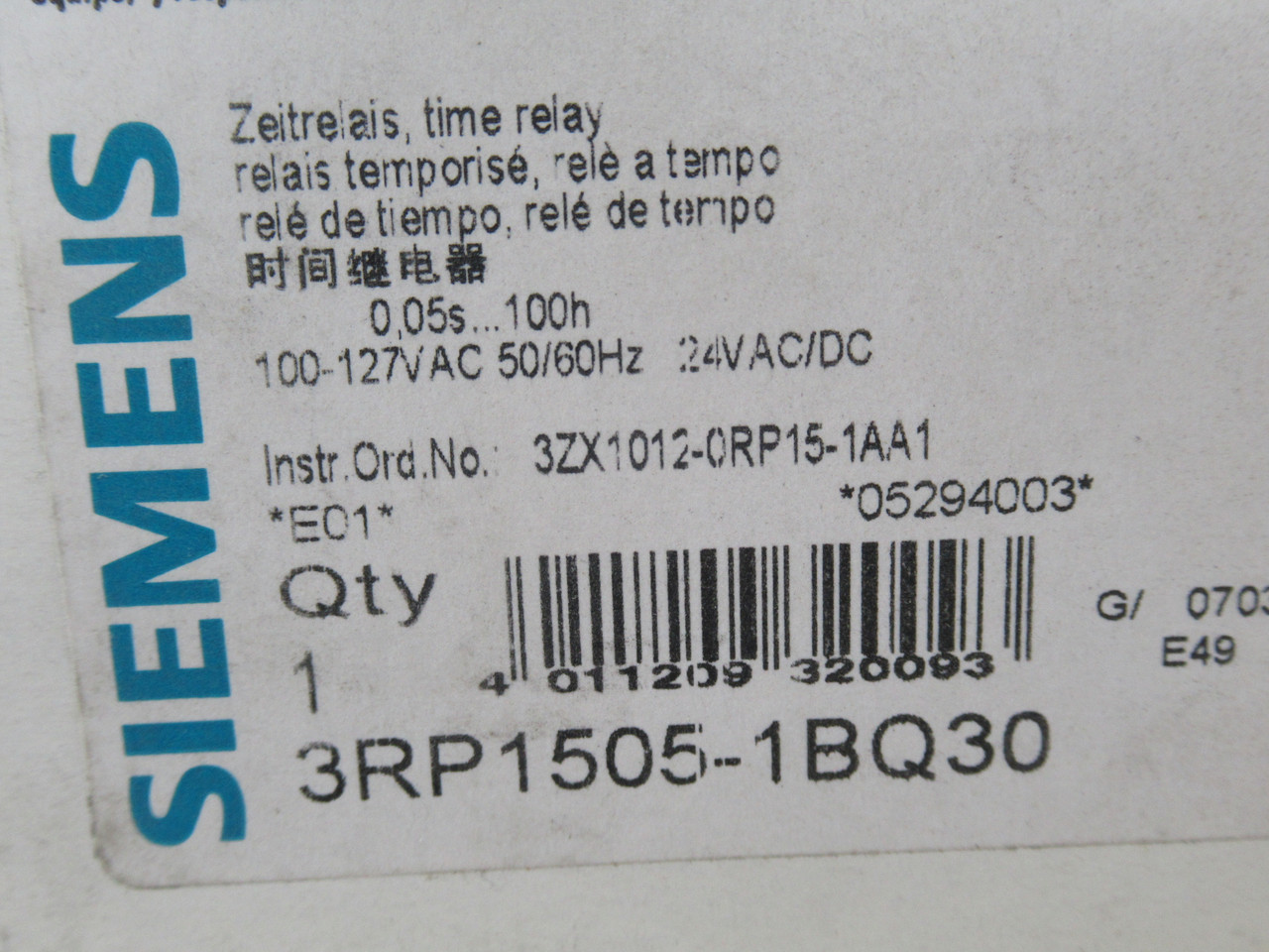 Siemens 3RP1505-1BQ30 Timing Relay 24VAC/DC 100-127VAC 50/60Hz 0.05s-100h NEW