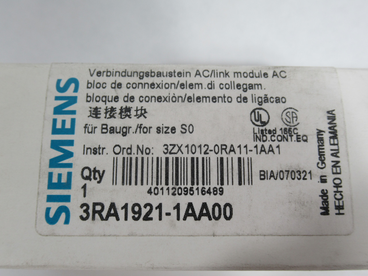 Siemens 3RA1921-1AA00 AC Link Module for Contactor Size S0 NEW