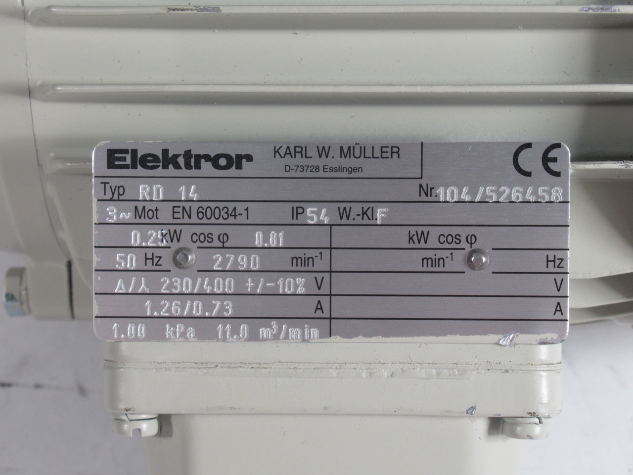 Elektror 0.25kW 2790RPM 230/400V 3Ph 1.26/0.73A 50Hz USED