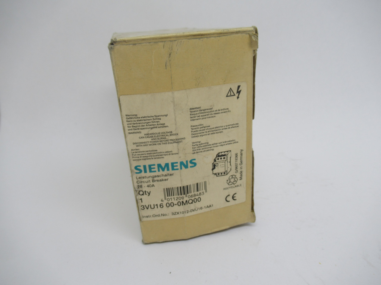 Siemens 3VU1600-0MQ00 Starter Circuit Breaker 28-40Amp 3 Pole 50/60Hz NEW