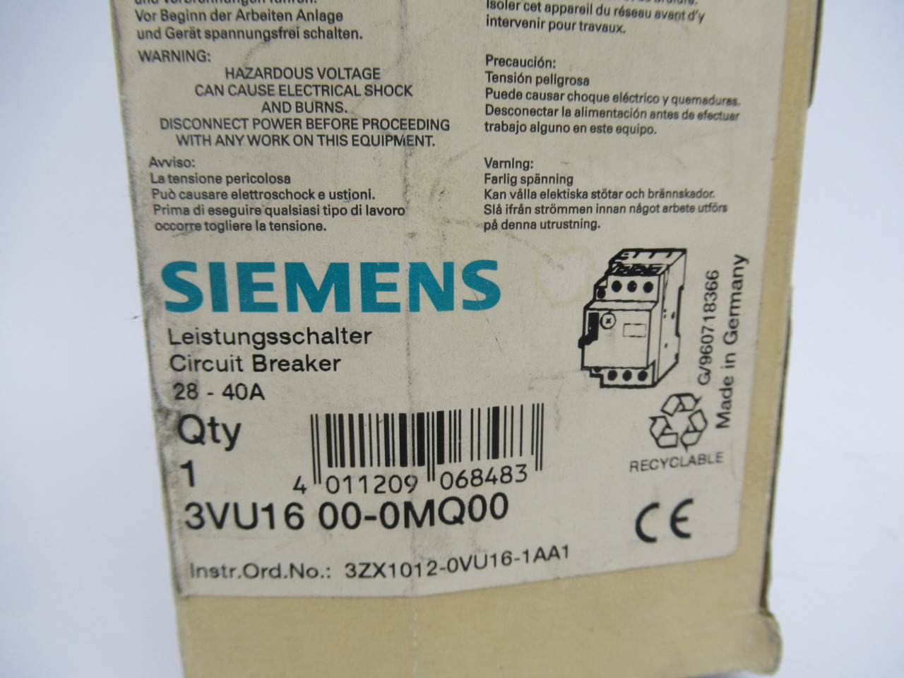 Siemens 3VU1600-0MQ00 Starter Circuit Breaker 28-40Amp 3 Pole 50/60Hz NEW