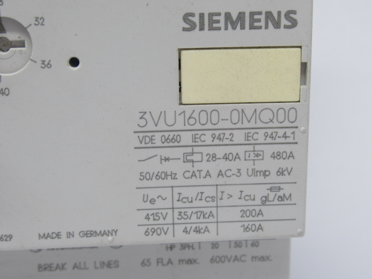 Siemens 3VU1600-0MQ00 Starter Circuit Breaker 28-40Amp 3 Pole 50/60Hz NEW