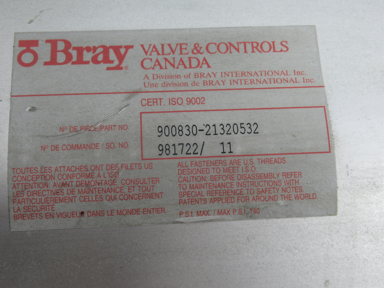 Bray 900830-21320532 Pneumatic Actuator with Moniteur Valve Transmitter USED