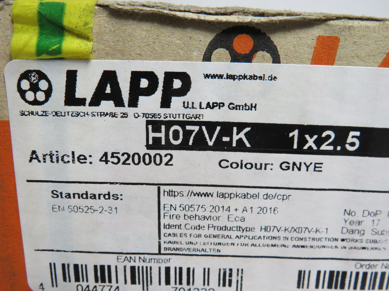 LAPP 4520002 Hookup Wire H07V-K 2.5mm Green/Yellow 35m Length *Cut/Open* NEW