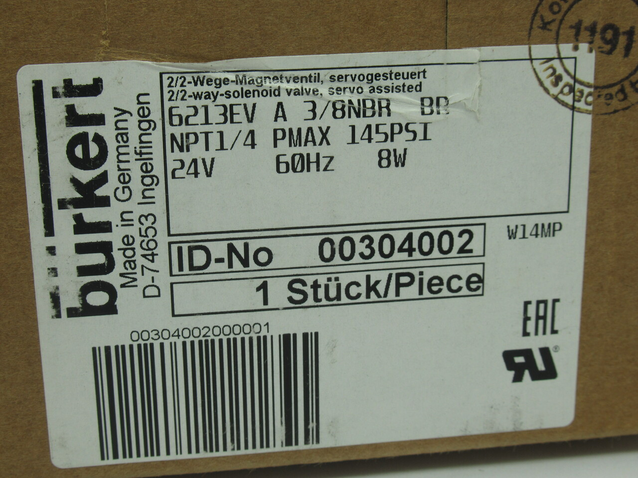 Burkert 00304002 Solenoid Valve 1/4" NPT 145Psi 24V 60Hz 8W NEW