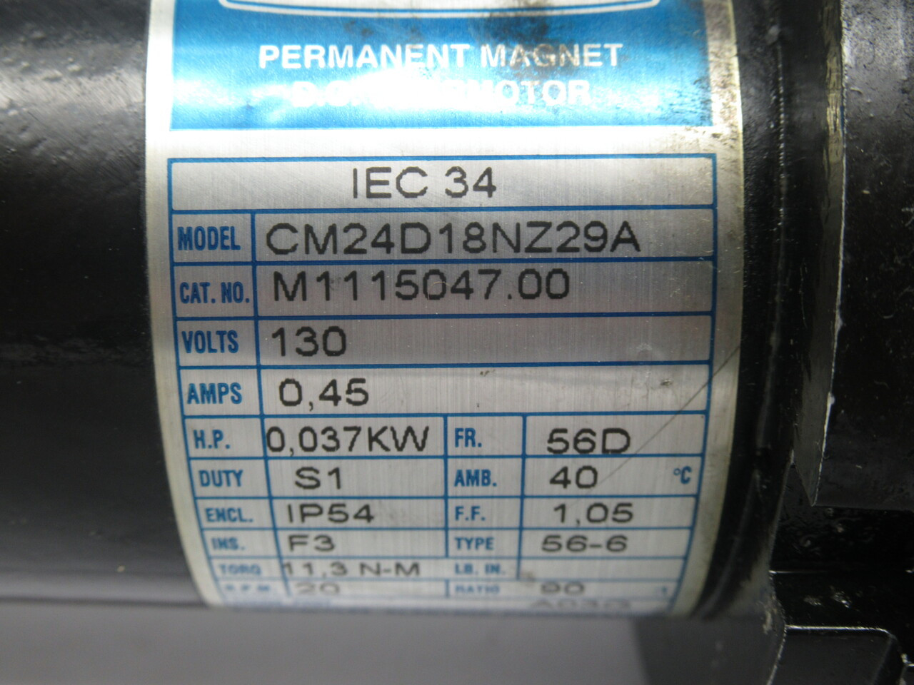Leeson CM24D18NZ29A DC Gearmotor 90:1 11.3NM 0.037KW 20RPM 130V 56D IP54 USED