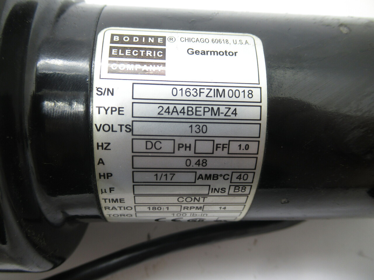 Bodine Electric 24A4BEPM-Z4 DC Gearmotor 180:1 100lb-in 1/17HP 14RPM 130V USED