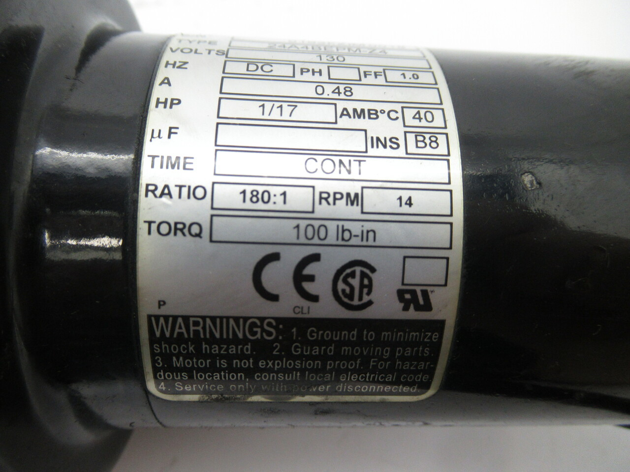 Bodine Electric 24A4BEPM-Z4 DC Gearmotor 180:1 100lb-in 1/17HP 14RPM 130V USED