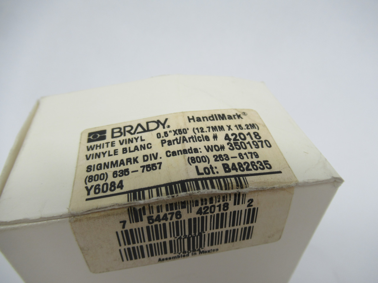 Brady 42018 White Label Tape 0.5" x 50Ft 12.7mm x 15.2m NEW