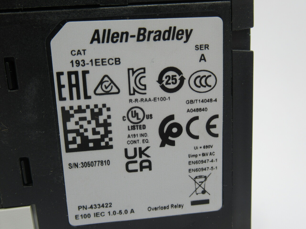Allen-Bradley 193-1EECB Overload Relay 1-5A Manual Reset Class 10-20 NEW