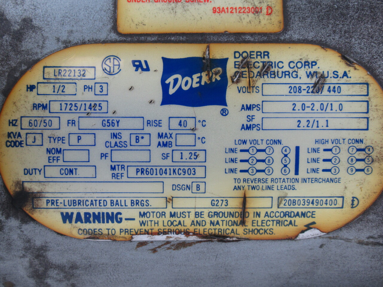 GAST 0822-V103-G273 C/W Doerr 1/2HP 1725/1425RPM 208-220/440V G56Y 3ph USED