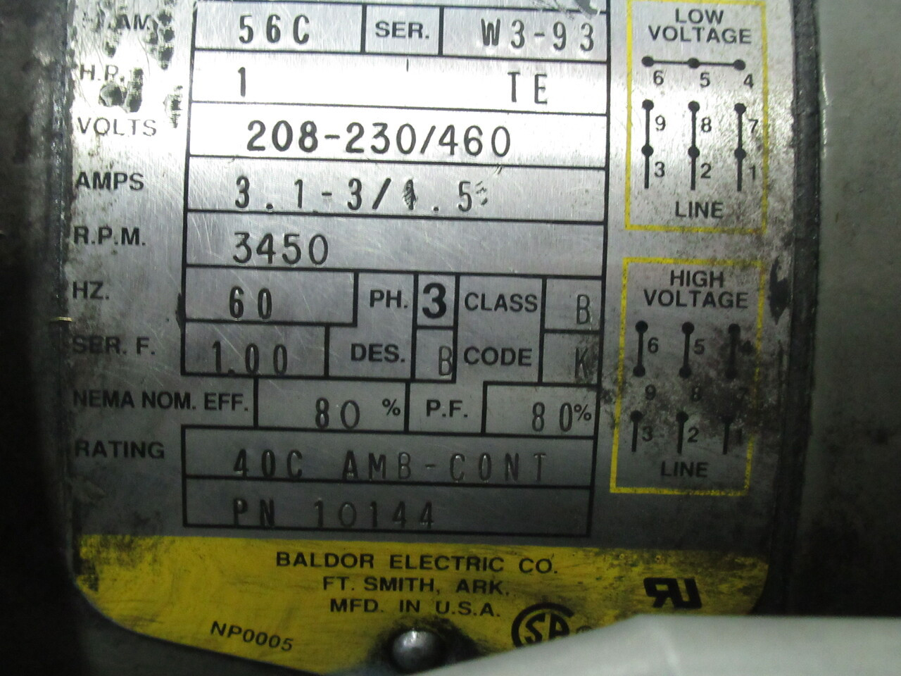 Baldor VM35455060 1HP 3450RPM 208-230/460V 56C 3ph 3.1-3/1.5A 60Hz USED