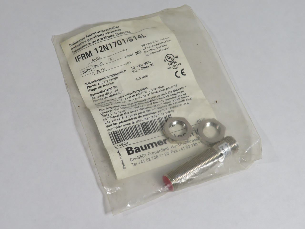Baumer IFRM12N1701/S14L Proximity Switch NPN NO 12-30VDC 10mA 4mm Distance NWB