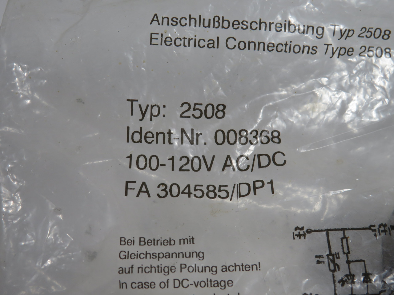 Burkert 008368 Solenoid Connector 100-120VAC/DC 6A 2508 NWB