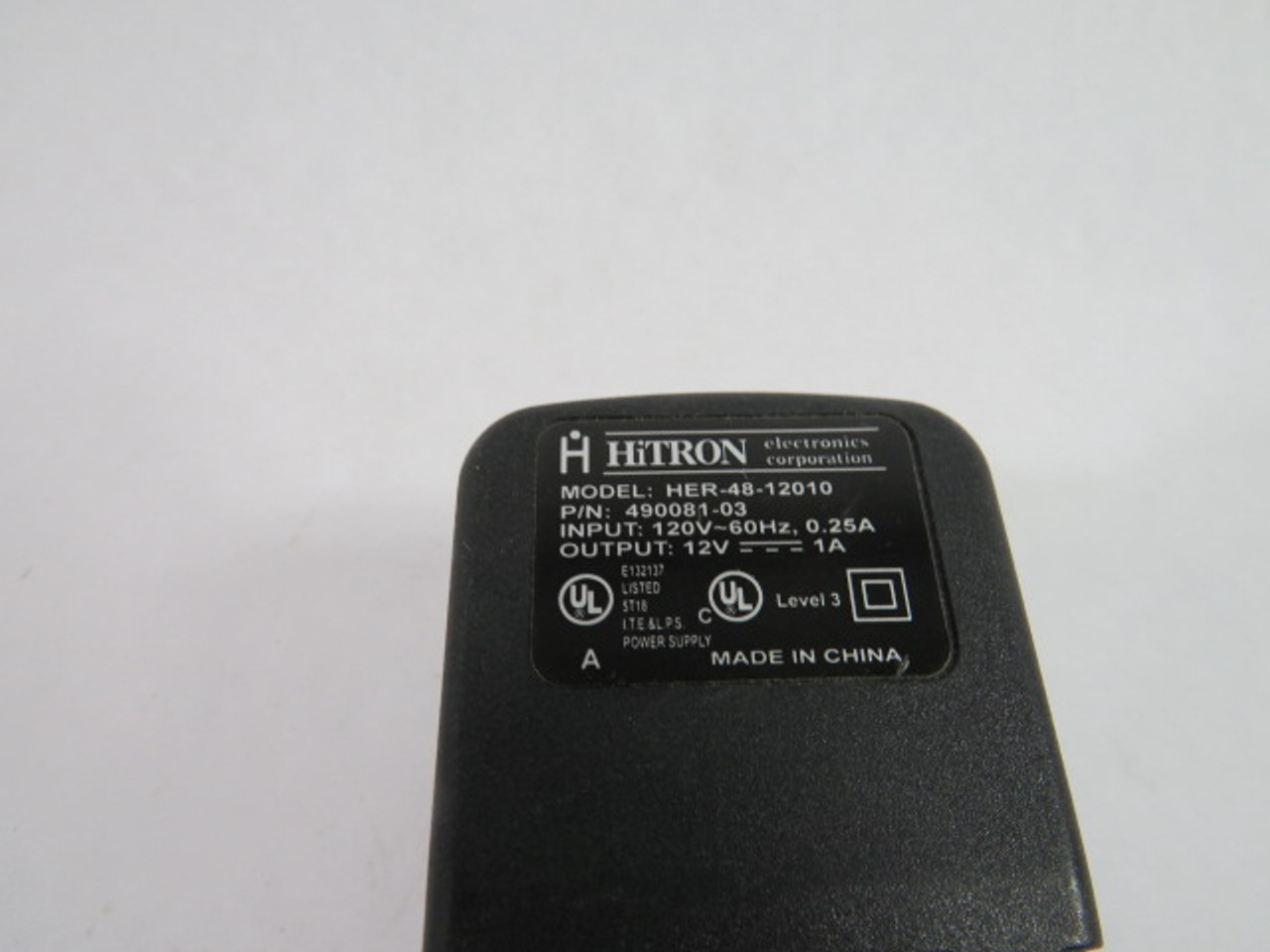 Hitron 490081-03 Power Supply In. 120VAC 60Hz. .25A Out. 12VDC 1A USED
