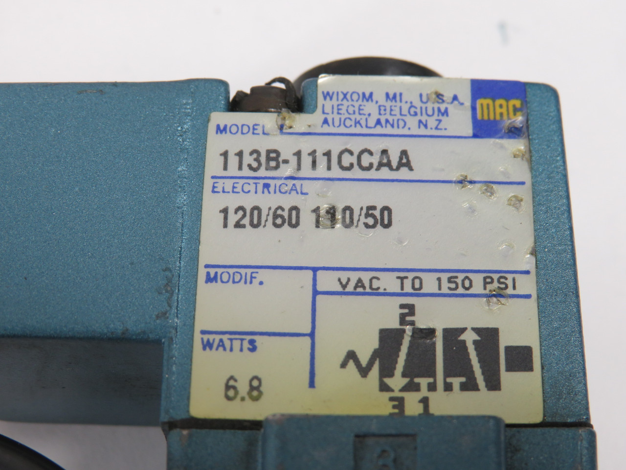 MAC 113B-111CCAA Solenoid Valve 110/120V 50/60Hz 6.8W 18" Leads USED