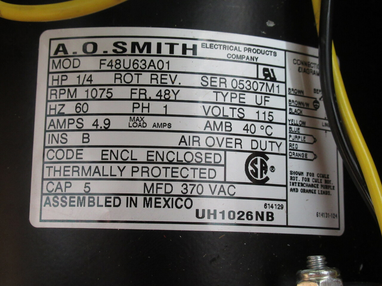 A.O Smith 1/4HP 1075RPM 115V 48Y 1ph 4.9A 60Hz NEW