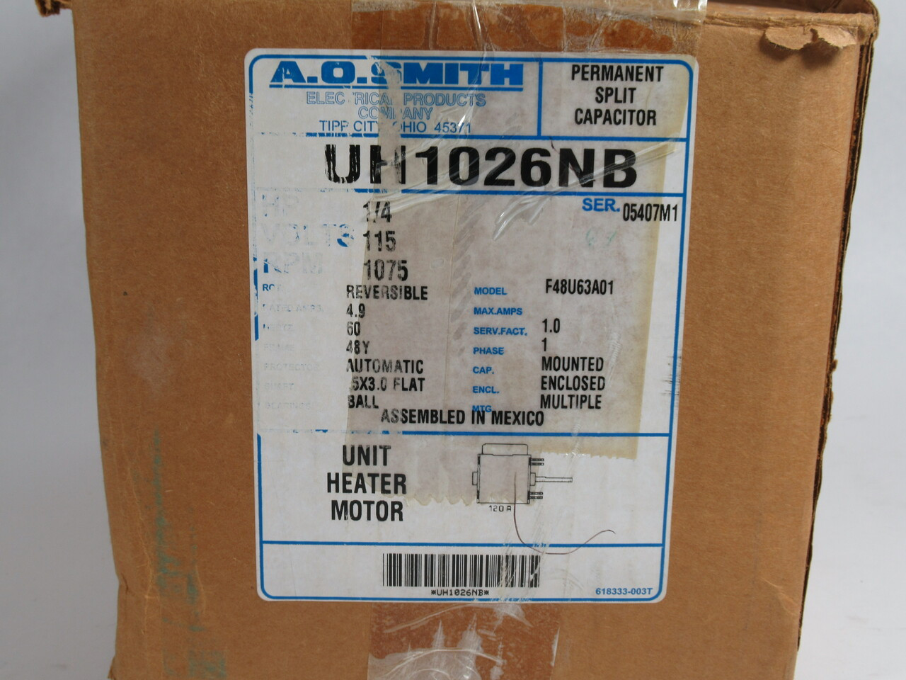 A.O Smith 1/4HP 1075RPM 115V 48Y 1ph 4.9A 60Hz NEW