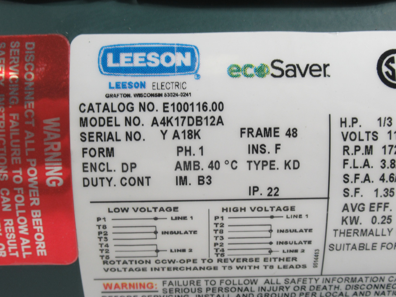 Leeson 1/3HP 1725RPM 115/230V 48 DP 1ph 3.8/1.9FLA 60Hz NEW
