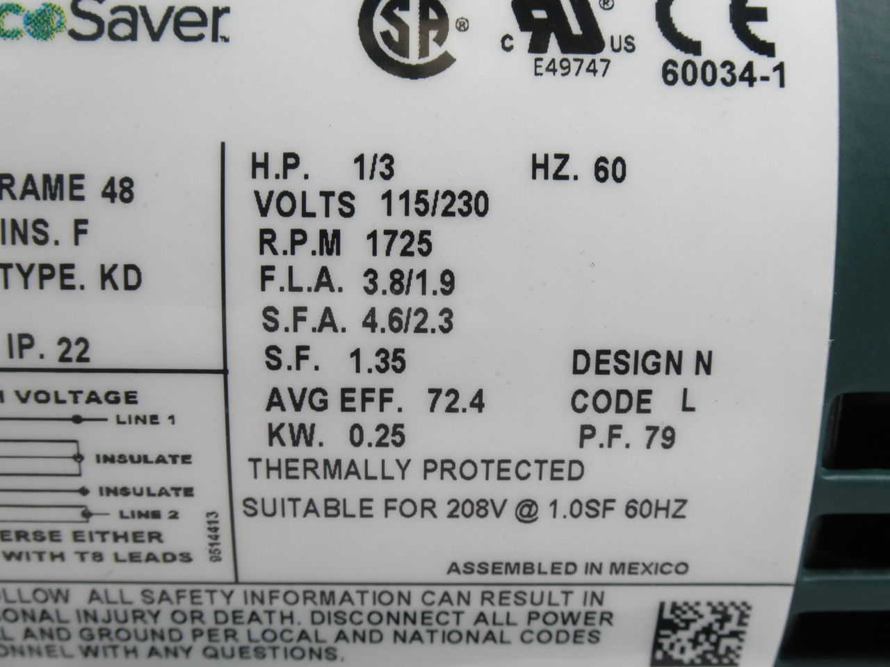 Leeson 1/3HP 1725RPM 115/230V 48 DP 1ph 3.8/1.9FLA 60Hz NEW