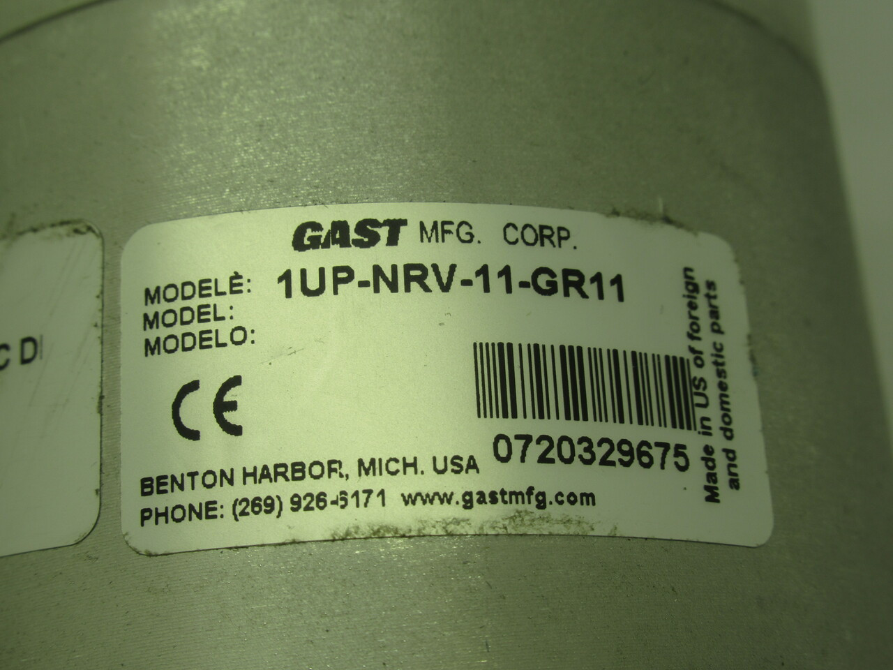 Index Inc Gast 1UP-NRV-11-GR11 Air Gear Motor 0.31 HP Max 5.6 Bar Pressure USED