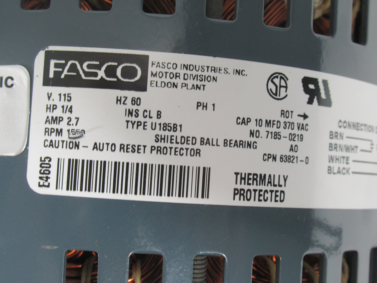 Fasco 1/4HP 1550RPM 115V 1ph 2.7A 60Hz C/W Capacitor USED