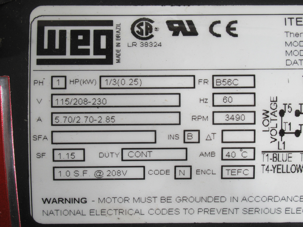 Weg 1/3HP 3490RPM 115/208-230V B56C TEFC 1ph 5.7/2.7-2.85A 60Hz USED